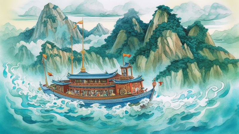 国潮中式帆船海浪山水画,插画/手绘图,插画/手绘图库,插画/手绘图下载,插画/手绘